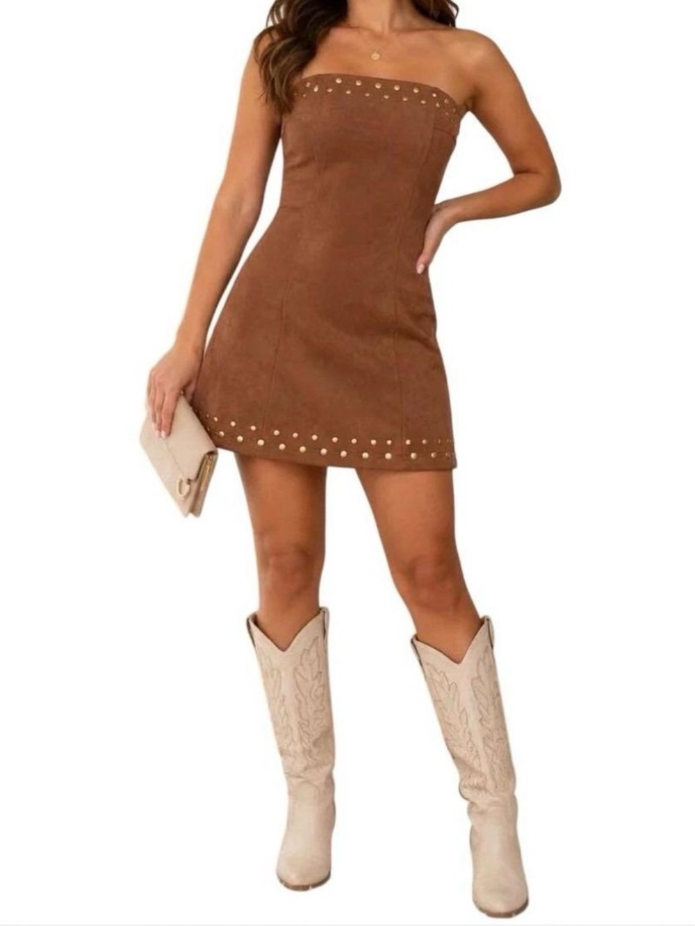 Strapless Brown Suede Mini Dress with Gold Stud Accents